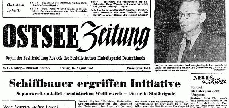 Als die Ostsee-Zeitung das erste Mal erscheint, dreht sich wie heute viel um die wirtschaftliche Gesundheit der Werften.