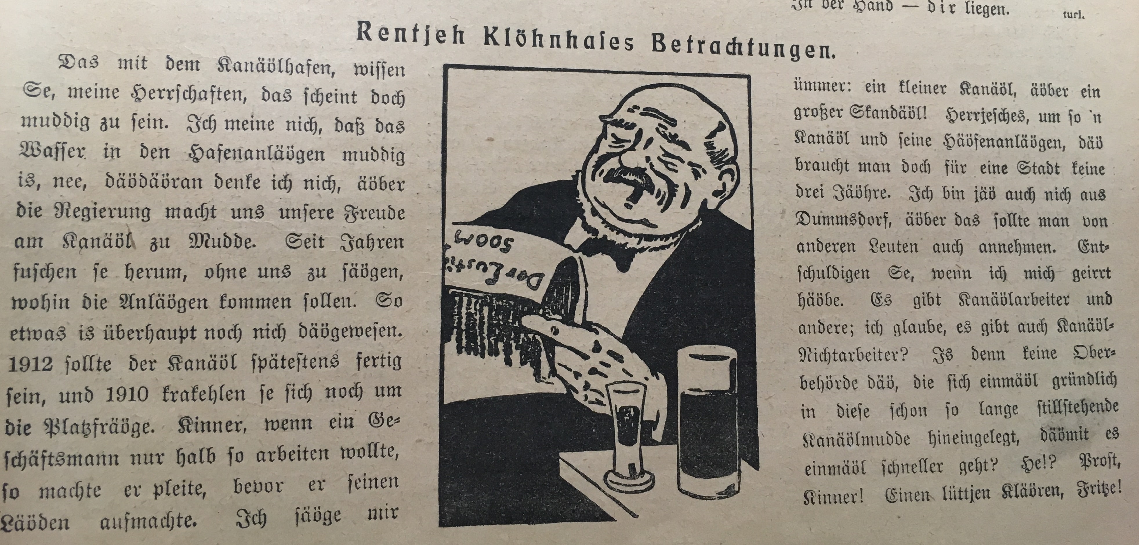 Scan der Kolumne: Rentjeh Klöhnhases Betrachtungen. Historische Zeitungsbeilagen.